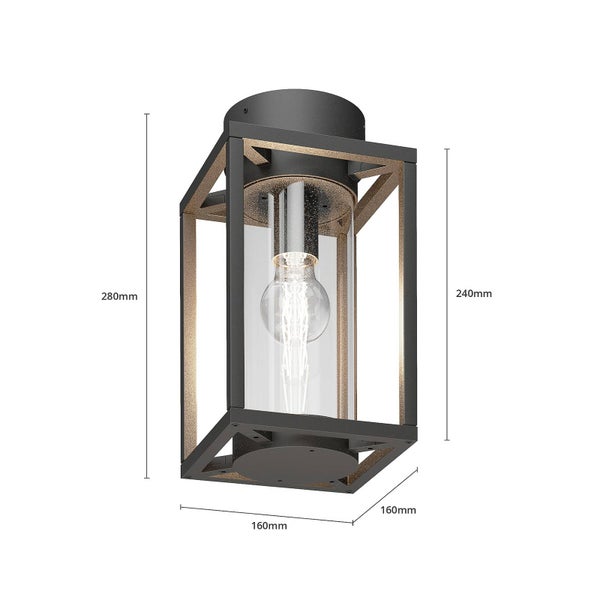 Moderne Außenwandleuchte in Laternenform mit Glaszylinder und schwarzem Rahmen. Maße: 280 Millimeter Höhe, 160 Millimeter Breite.