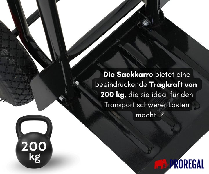 Sackkarre mit einer Tragkraft von 200 Kilogramm für schwere Lasten und Proregal Logo.