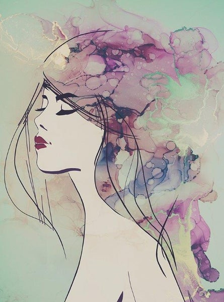 Modernes Wandbild mit dem Profil einer Frau und abstrakten Aquarell-Elementen.