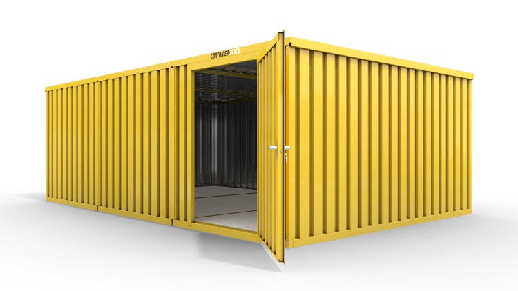 Lagercontainer Gerätehaus L3  – 25 qm, H2150 x B4050 x T6520 mm, Außenwandlackierung RAL 1003 signalgelb, Dach außen verzinkt, mit Holzfußboden, 1270 mm Einflügeltür mittig in Modul D, montiert
