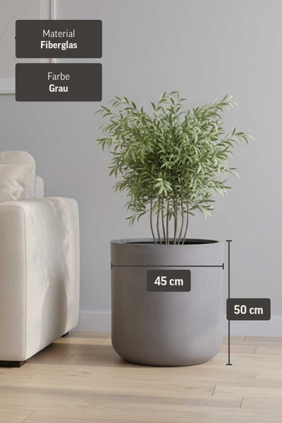 Pflanzkübel aus Fiberglas, 45 Zentimeter Durchmesser, 50 Zentimeter Höhe, grauer Blumentopf in hellem Wohnraum mit Pflanze neben Sofa.