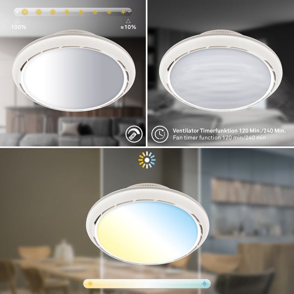 Weiße LED-Deckenleuchte mit Ventilator, dimmbar von 10 bis 100 Prozent, Timerfunktion 120 oder 240 Minuten und einstellbare Farbtemperatur.