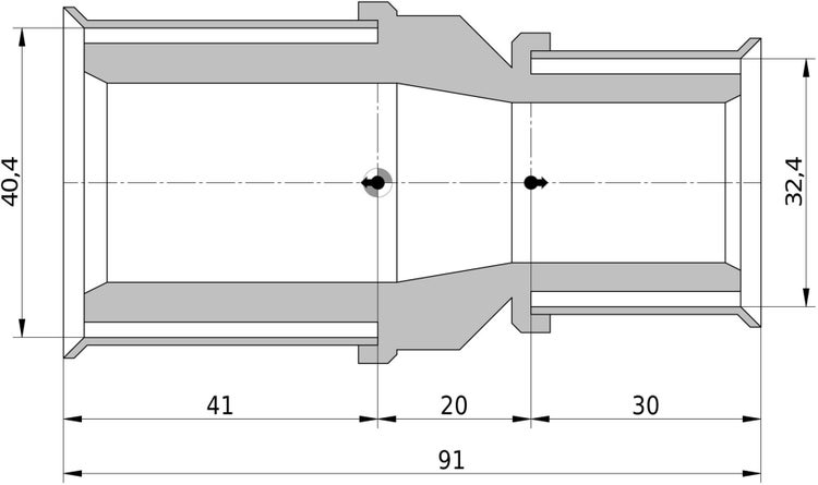 Technische Zeichnung eines Übergangsstücks mit Maßen 40,4 Millimeter, 32,4 Millimeter und einer Gesamtlänge von 91 Millimeter.