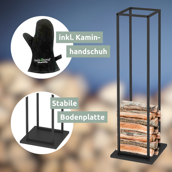 holz4home Kaminholzregal 33x33x115cm aus Metall Schwarz inkl. Ofenhandschuh