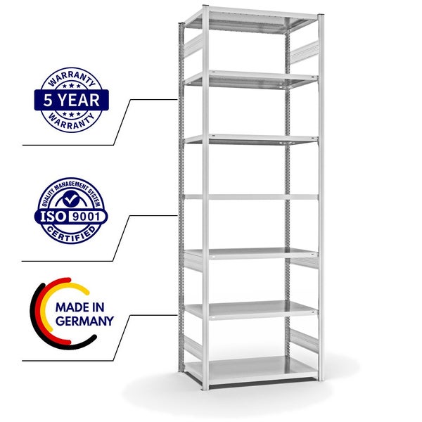 PROREGAL Fachbodenregal Stecksystem T-Profil Light-Duty Grundregal HxBxT 300 x 100 x 60 cm 7 Ebenen Fachlast 140 kg Beidseitig Nutzbar Lichtgrau