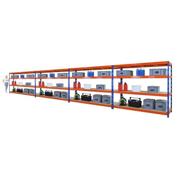 PROREGAL Mega Deal 4x Profi Schwerlastregal Rhino, HxBxT 180x240x60cm, 4 Spanplatten-Ebenen 8mm, Fachlast 450kg, Blau/Orange