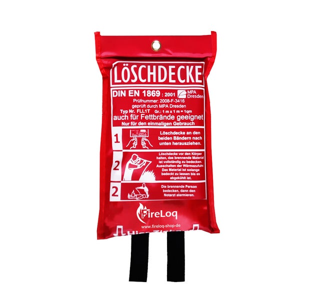 Feuerlöschdecke in roter Verpackung mit Gebrauchsanweisung