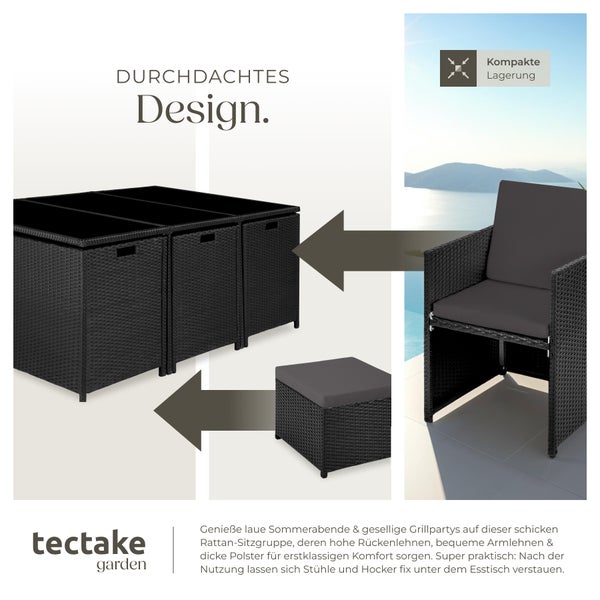 Rattan Sitzgruppe tectake New York 2 Bezugssets, zusammenschiebbar, inklusive Schutzhülle mit Aluminiumgestell schwarz