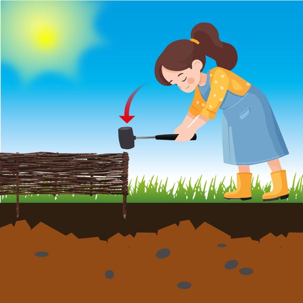 Illustration einer Frau, die mit einem Gummihammer einen Zaunpfosten einschlägt