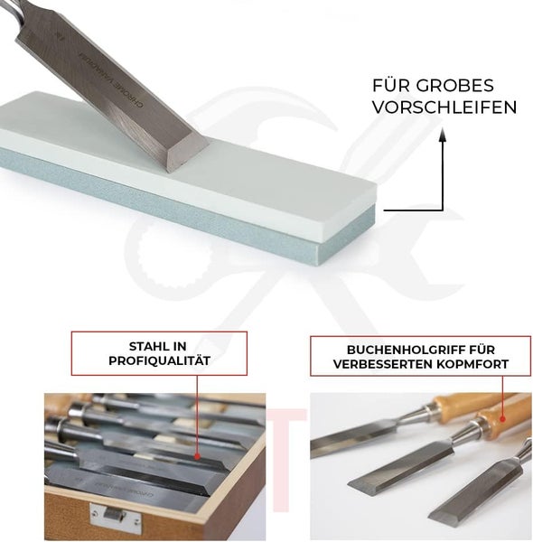 Stechbeitel-Set aus Chrom-Vanadium-Stahl mit Buchenholzgriffen, inklusive zweiseitigem Schleifstein zum Schärfen.