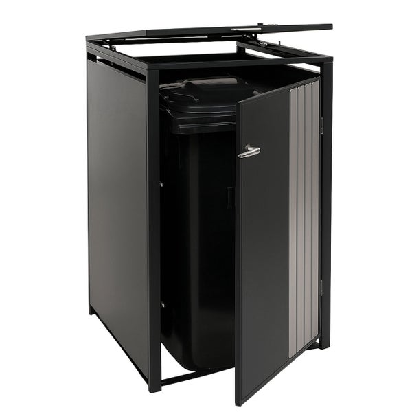 Mülltonnenbox mit geöffneter Tür und Mülltonne