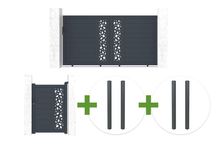 Set aus zweiflügeligem Einfahrtstor, einflügeliger Gartentür und Metallpfosten mit dekorativen Lochmustern.
