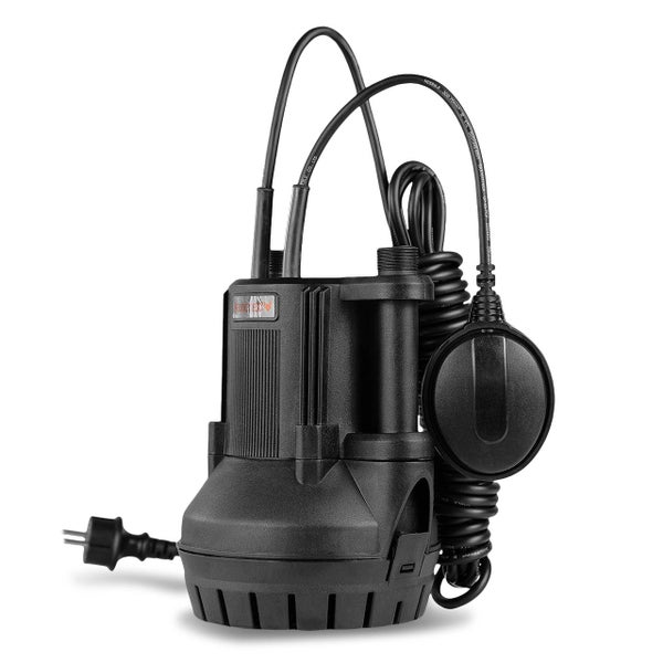 Schwarze Tauchpumpe aus Kunststoff mit Schwimmerschalter und Netzkabel.