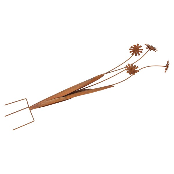 Gartenstecker Blumen aus Metall in Edelrost-Optik mit drei Erdspießen.