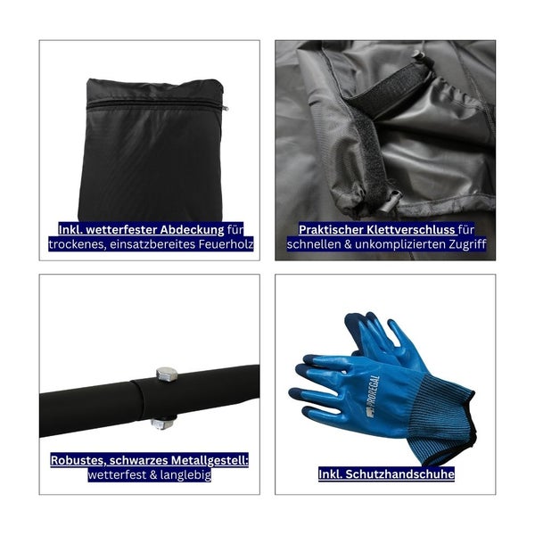 Detailansicht mit einer Abdeckung, einem Klettverschluss, einem Metallgestell und Schutzhandschuhen