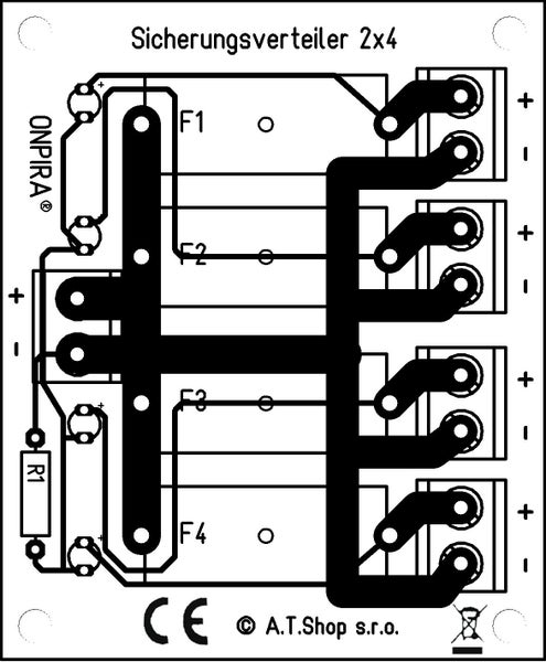 Sicherungsverteiler 2x4 von Onpira als technische Zeichnung mit Anschlussplan für elektrische Installationen