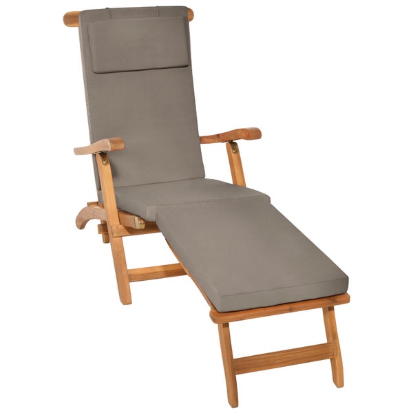 Deckchair aus Holz mit grauer Polsterauflage und Kopfkissen.