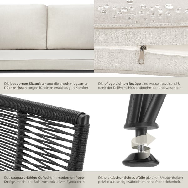 Garten-Loungeset tectake Sundo höhenverstellbare Füße Polyrattan im Rope-Design anthrazit