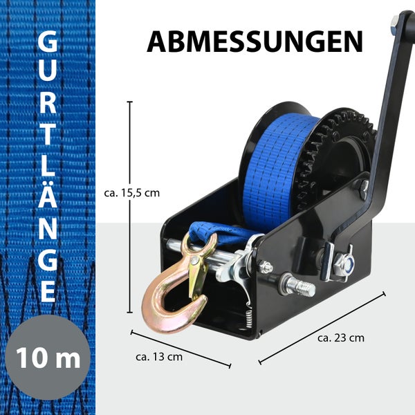 Handseilwinde mit Gurt und Haken, Abmessungen dargestellt