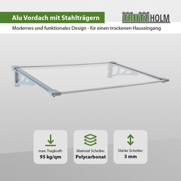 Trutzholm Haustürvordach aus Polycarbonat mit Aluminiumrahmen und Stahlträgern für den Hauseingang