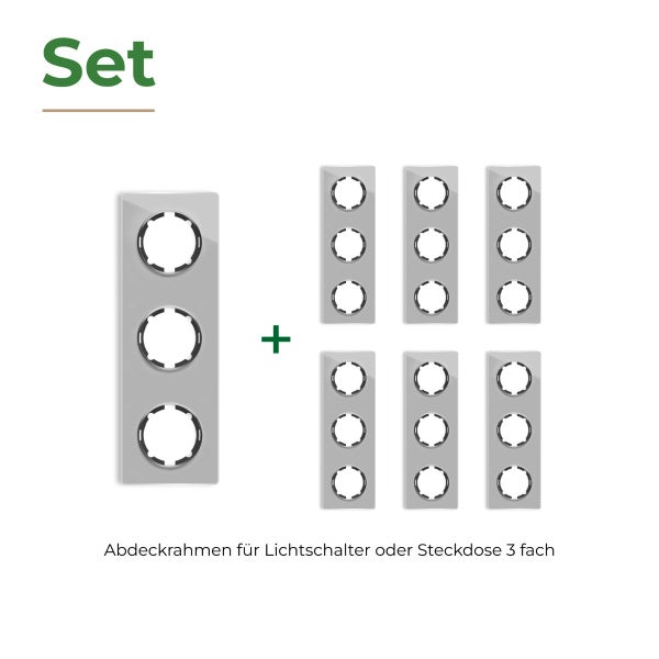 Set aus sieben dreifachen Abdeckrahmen für Lichtschalter oder Steckdosen in rechteckiger Ausführung.