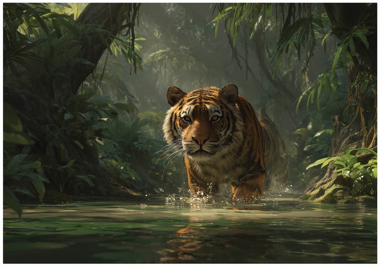 Wandbild mit Tiger im Dschungel, Motiv eines Tigers, der durch flaches Wasser schreitet, umgeben von dichter Vegetation.