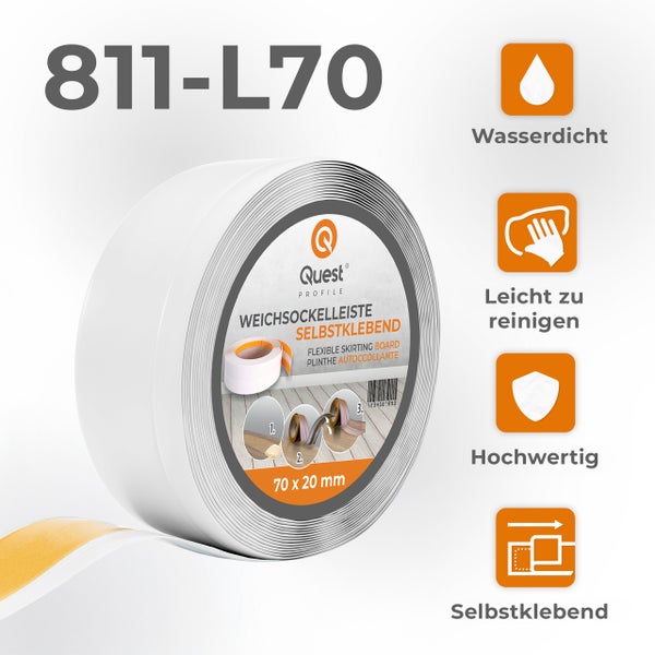 Quest Profile Weichsockelleiste 70 mal 20 Millimeter selbstklebend wasserdicht und leicht zu reinigen in einer Rolle.