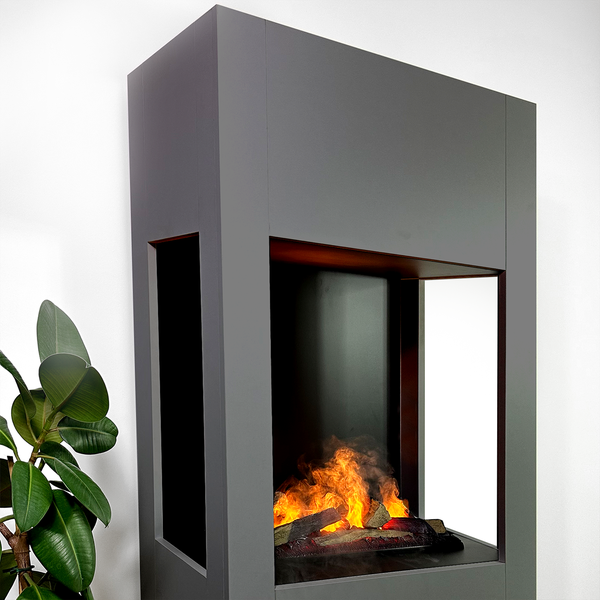 GLOW FIRE Elektrokamin 'Böll'| Wasserdampf Kamin mit OMC 600 inkl. Holz in grau als Raumteiler | HxBxT: 145x54x44 cm