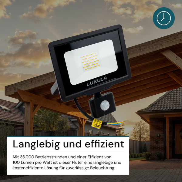 LUXULA LED Außenstrahler mit Bewegungsmelder 30W Strahler 4000K Neutralweiß 3000lm Fluter Schwarz IP65