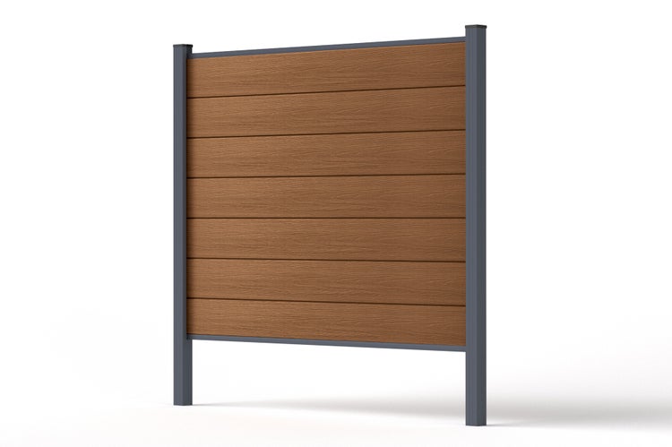 Sichtschutzzaun-Element aus WPC mit braunen Lamellen in Holzoptik und grauem Aluminiumrahmen.