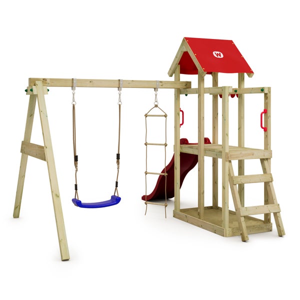 WICKEY Spielturm Klettergerüst TinyPlace mit Schaukel und Rutsche, Kletterturm mit Sandkasten, Leiter und Spiel-Zubehör - rot