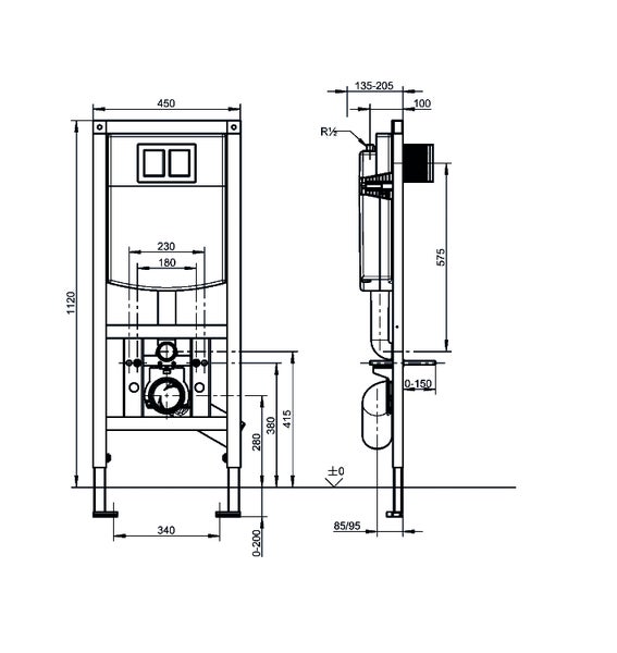 Technische Zeichnung eines Toiletten-Vorwandelements mit Maßangaben in Millimetern für Frontansicht und Seitenansicht.