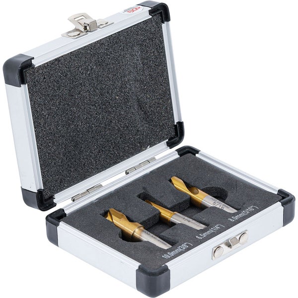 Holzbohrer-Set in Metallkassette mit drei Bohrern in den Größen 10 mm, 6,5 mm und 8 mm