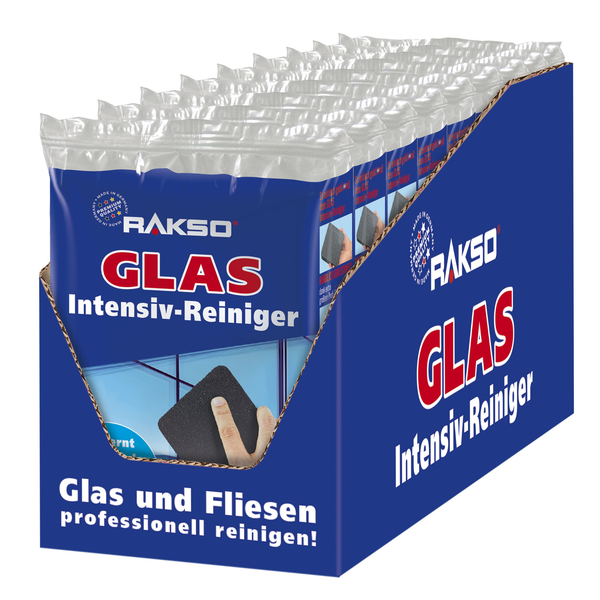 Rakso Glas Intensiv-Reiniger im Displaykarton mit Reinigungspads für die professionelle Reinigung von Glas und Fliesen.