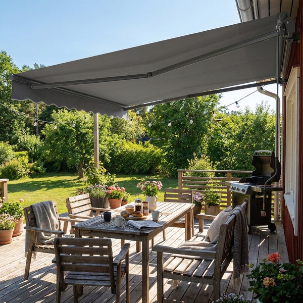 Graue Gelenkarmmarkise ausgefahren über einer Holzterrasse mit Esstisch, Stühlen, Gasgrill und Topfpflanzen mit Blick in den Garten.