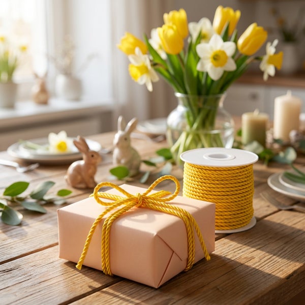 Osterdekoration auf einem Holztisch mit einem verpackten Geschenk, einer Kordelrolle und einem Blumenstrauß mit Narzissen und Tulpen.