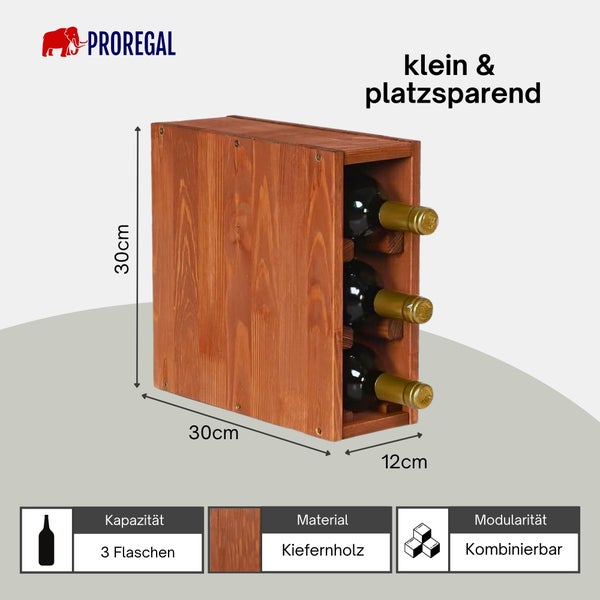 Proregal Logo. Weinregal aus Kiefernholz für drei Flaschen. Maße: 30 Zentimeter hoch, 30 Zentimeter tief, 12 Zentimeter breit. Modular kombinierbar.
