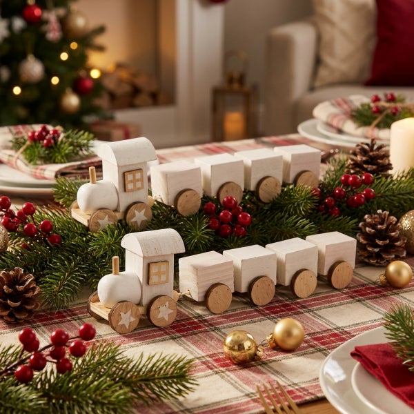 Zwei dekorative Holzeisenbahnen als Tischschmuck auf einer weihnachtlich dekorierten Tafel mit Tannenzweigen, Beeren und Christbaumkugeln.