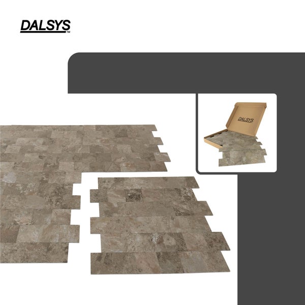 Dalsys Logo. Wandfliesen in Natursteinoptik, selbstklebend, inklusive Verpackung.