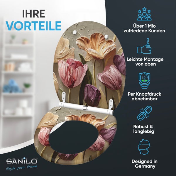 Sanilo Toilettensitz mit Tulpenmotiv und Absenkautomatik, inklusive Vorteile wie einfache Montage von oben und abnehmbarer Sitz.