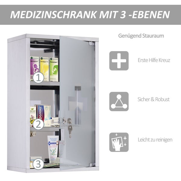 HOMCOM Medizinschrank Arzneischrank Erste Hilfe Schrank mit Schloss Edelstahl 30 x 18 x 50 cm