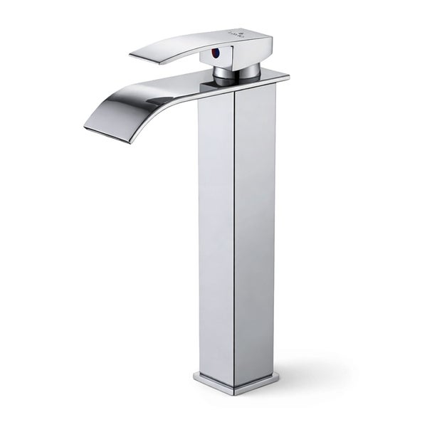 Hohe Waschtischarmatur aus Chrom mit Einhebelmischer und flachem Wasserfallauslauf.