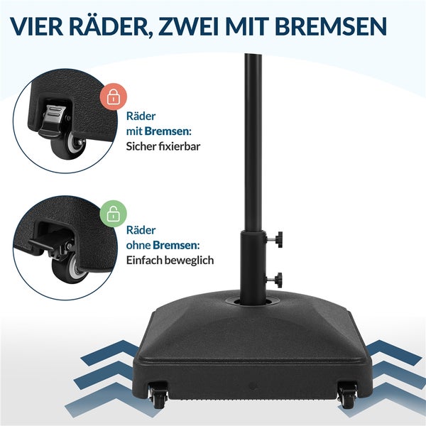 Sonnenschirmständer mit vier Rädern, zwei davon mit Feststellbremse für festen Stand und zwei ohne Bremse für einfache Beweglichkeit.