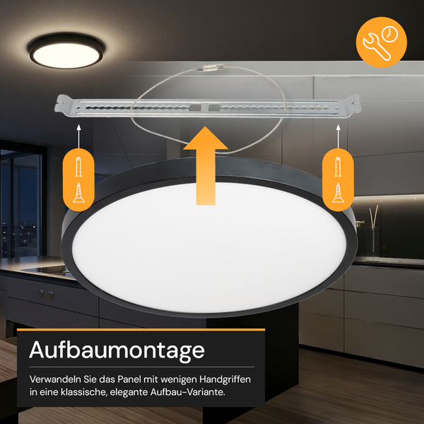 Illustration zur Aufbaumontage eines runden LED-Panels mit Montagebügel, Sicherungskabel und Schrauben in einer Küche. Symbol für schnelle Montage.