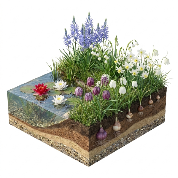 Querschnitt eines Gartens mit Teich und Erdschichten. Sichtbar sind Seerosen, Narzissen, Schachbrettblumen und Blumenzwiebeln im Boden.
