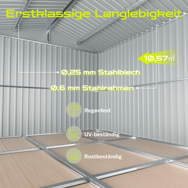 Innenansicht eines Gerätehauses mit den Angaben: 0,25 mm Stahlblech, 0,6 mm Stahlrahmen, 10,57 Quadratmeter Fläche, regenfest, UV beständig und rostbeständig.