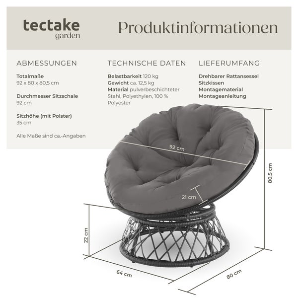 Rattansessel tectake Gargano 92 x 80 x 80,5 cm drehbar schwarz