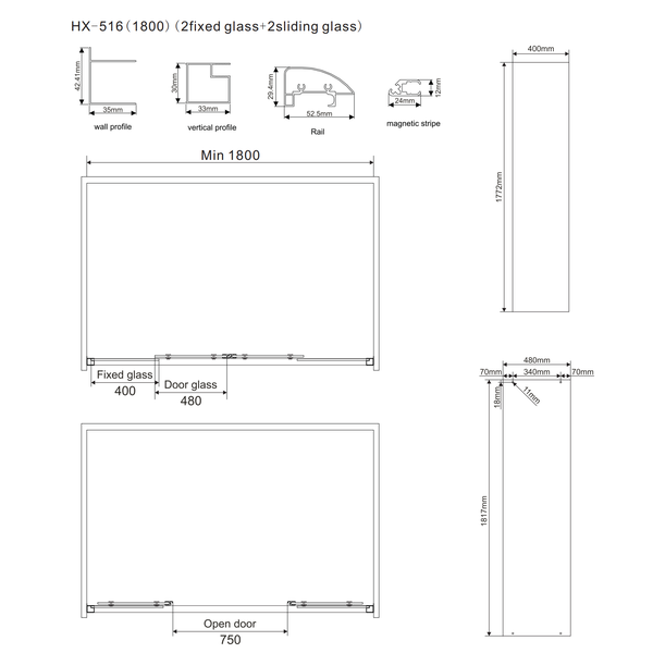 180x80cm Duschtür mit Seitenwand und Gleittür in Klarglas | Giada