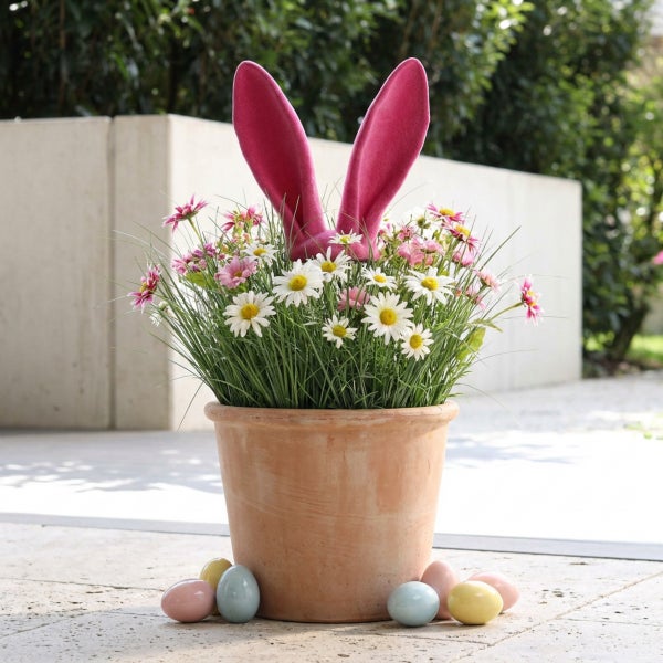 Terrakotta Pflanzentopf mit Blumenstrauß, Osterhasenohren und Ostereiern als Dekoration für den Außenbereich.