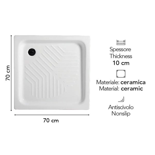 Quadratische Duschwanne aus Keramik, 70 mal 70 Zentimeter, Dicke 10 Zentimeter, mit rutschfester Struktur.